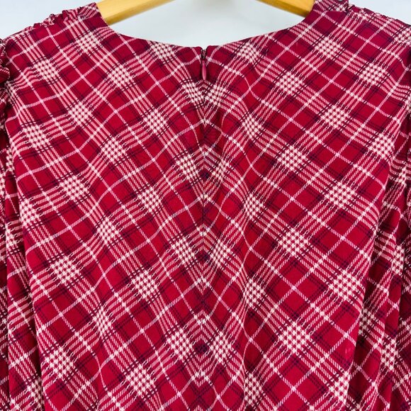 Gal Meets Glam New Red Maroon Plaid Long Puff Sleeve V- Neck Robyn Maxi Dress 2 - Picture 10 of 13